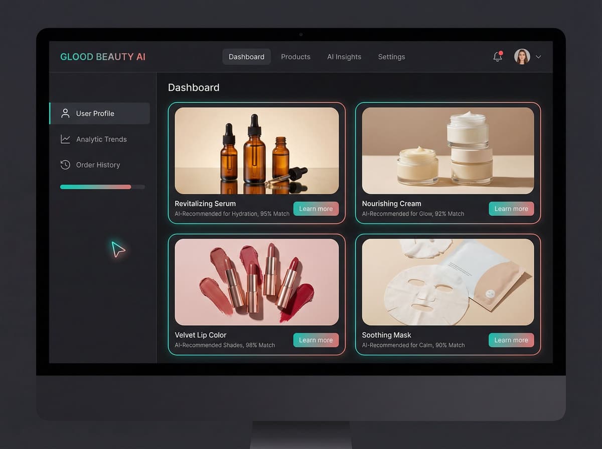 Glood Beauty AI Dashboard showing smart profiling, routine builder, and personalized skincare recommendations