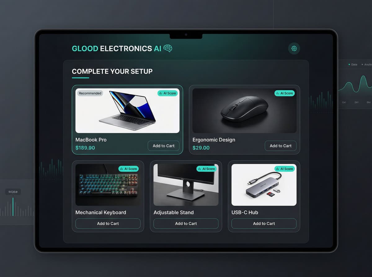 Glood Electronics AI Dashboard showing ecosystem intelligence, compatibility matching, and setup completion recommendations