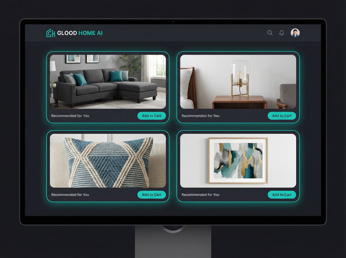Glood Home Furnishing AI Dashboard showing room-context recommendations, style matching, and visual pairing intelligence