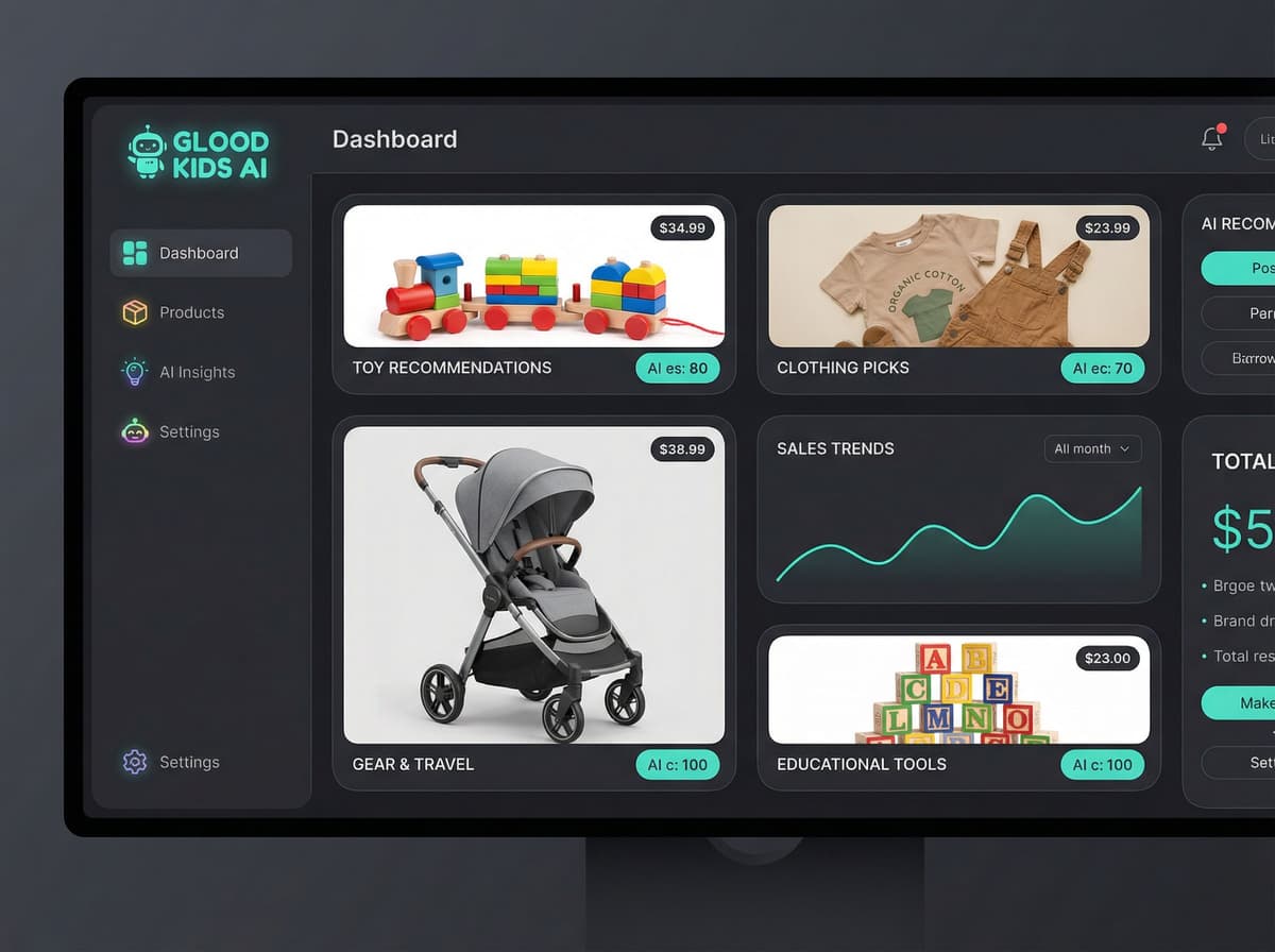 Glood Kids AI Dashboard showing age-stage matching, gifting intelligence, and developmental bundle recommendations